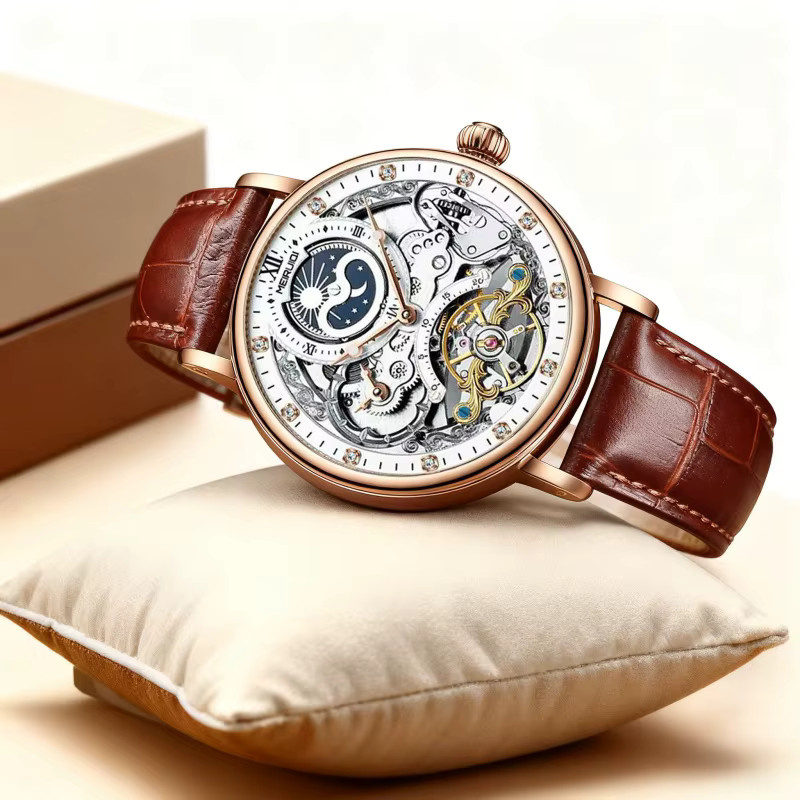 MEIRUIQI Armbanduhr Automatik, Roségold, Weiß, Braun, Herren - Bild 4