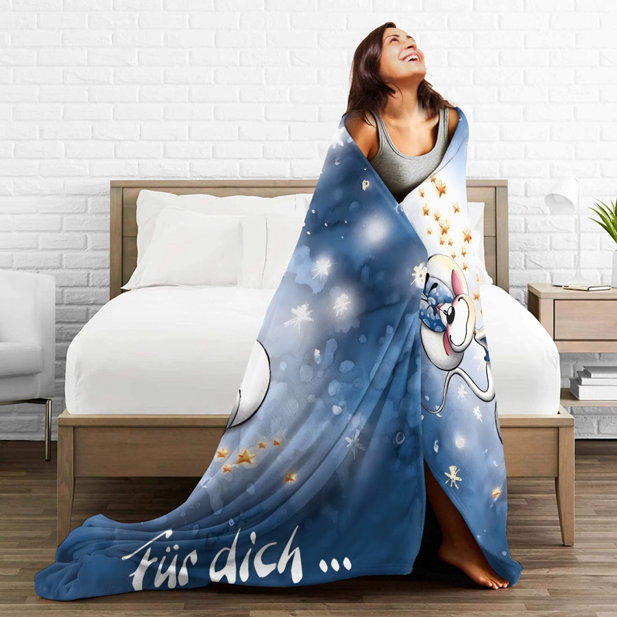 Weiche Flanell-Tagesdecke mit Diddl Cartoon-Motiv in Blau für Sofa und Bett - Bild 3