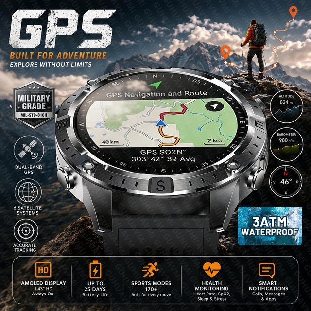 GUHUAVMI Outdoor-Leader Smartwatch für Herren in Schwarz mit 1,43 Zoll AMOLED HD, GPS, Bluetooth-Anruffunktion, Kompass und Taschenlampe, 3ATM wasserdicht - Bild 1