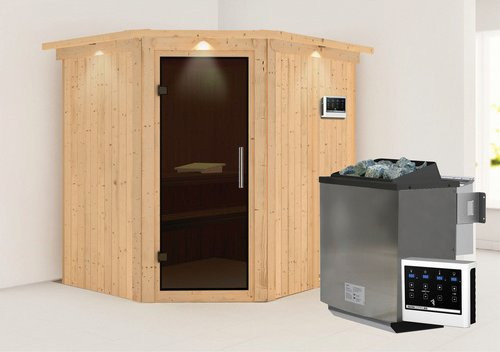 Karibu Maardu Bio-Kombi-Sauna aus Fichtenholz für 3 Personen inklusive 9 kW Saunaofen mit externer Steuerung, beige, B/T/H: 210 x 184 x 202 cm - Bild 1