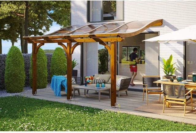 Skan Holz Terrassenüberdachung Venezia aus Leimholz in Nussbaum Braun B/T/H: 434 x 289 cm mit Polycarbonat Dach - Bild 1