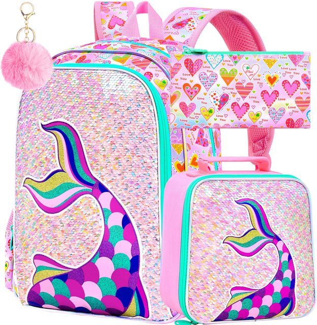 3-teiliges Meerjungfrau Rucksack Set von Fancy Style Studio mit Glitzer Pailletten, Schultasche, Brotdose und Federmäppchen für Mädchen in Blau/Mehrfarbig - Bild 1