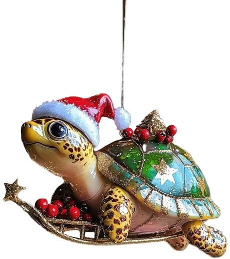 Weihnachtsbaum Anhänger Schildkröte mit Weihnachtsmannmütze Design in Multicolour als funkelnde Weihnachtsdekoration - Bild 1