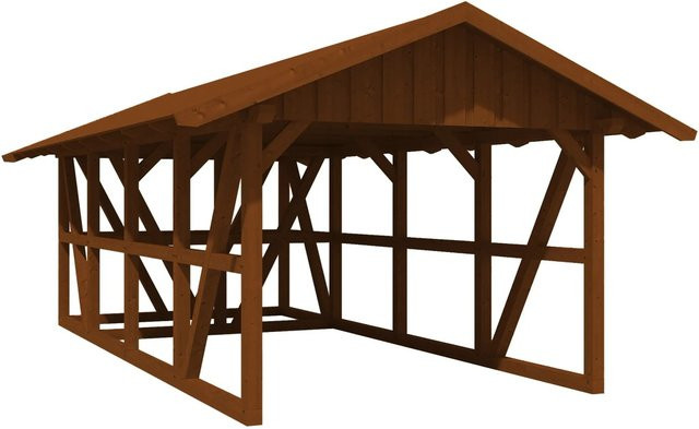 Skan Holz Carport Schwarzwald aus Fichtenholz mit Dachschalung, Abstellraum und Dachschindeln in Nussbaum Braun, B: 772 cm, T: 424 cm - Bild 1
