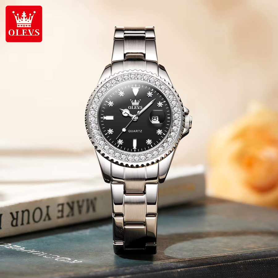 OLEVS Armbanduhr Quarz, Edelstahl, Diamantbesetzt, Damen, Schwarz, Silber - Bild 3