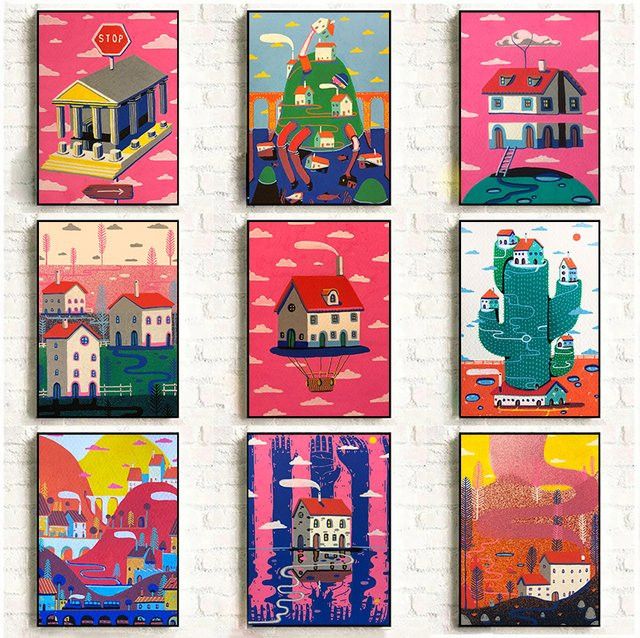 Potdemiel Abstrakte Leinwandmalerei mit bunten Häusern im modernen Design, Wandkunst im Hochformat, Multicolor - Bild 1