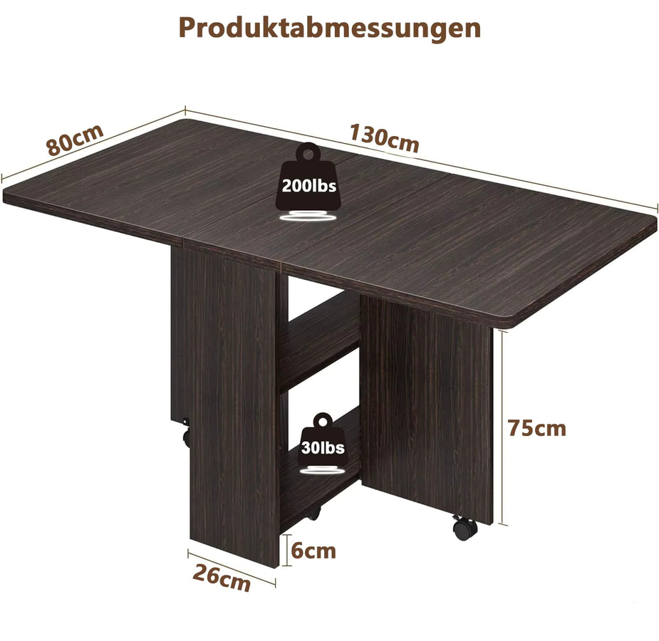 Litake Klappbarer Esstisch im Bauernhaus-Stil mit Aufbewahrungsregal und Rollen, Dunkle Walnuss, B: 130 cm, T: 80 cm, H: 75 cm - Bild 5