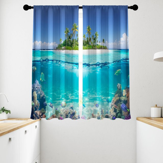 Zweierpack Fensterdekoration mit Landschaftsdruck in Blau, halbtransparente Vorhänge aus Polyester mit Ösen, Breite: 50 cm, Höhe: 130 cm - Bild 1
