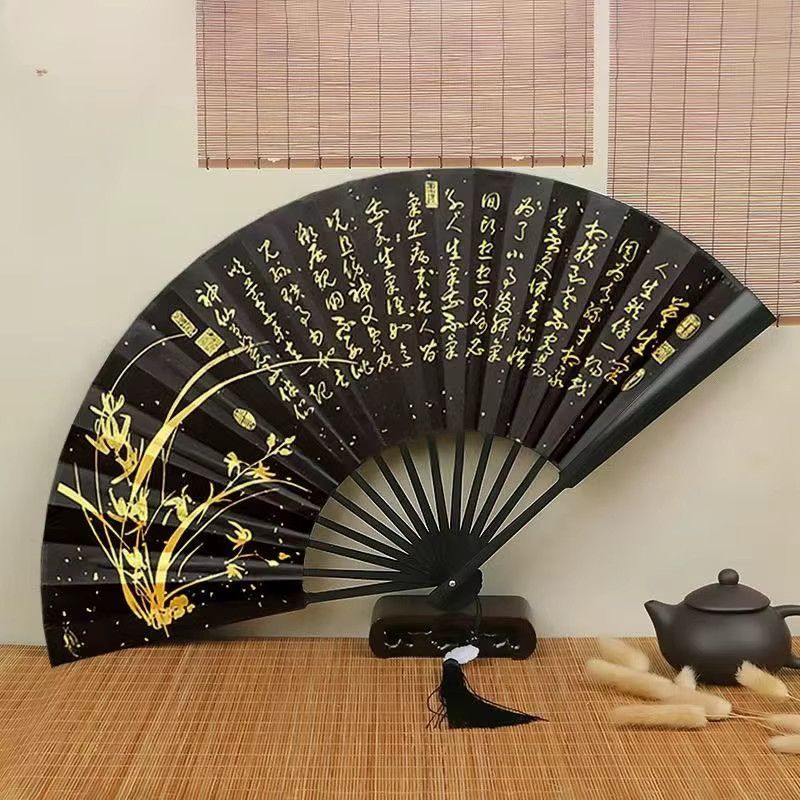 Elster Handfächer aus Seide und Spitze in Schwarz im Retro-Design für Hanfu und Cheongsam - Bild 3