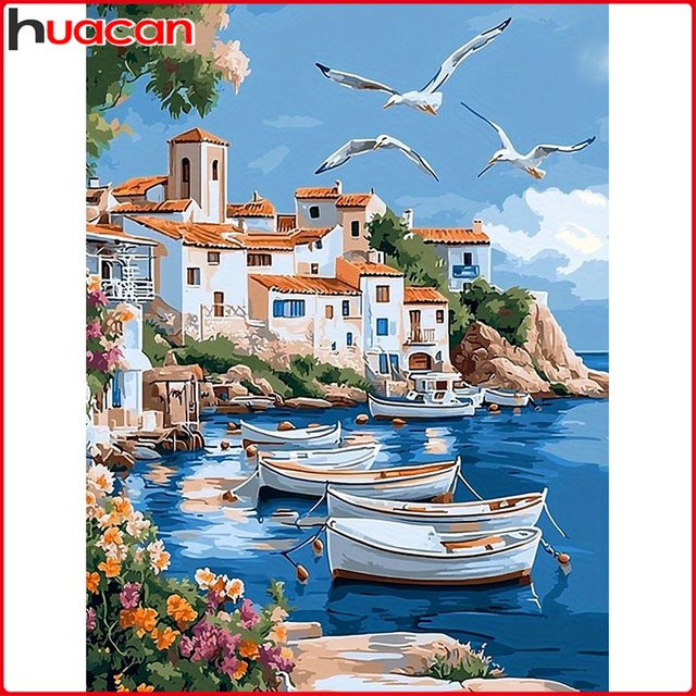 Huacan 5D-Diamantgemälde zum Selbermachen Mediterrane Landschaft mit Meer, Gebäuden und Booten, Multicolour - Bild 1