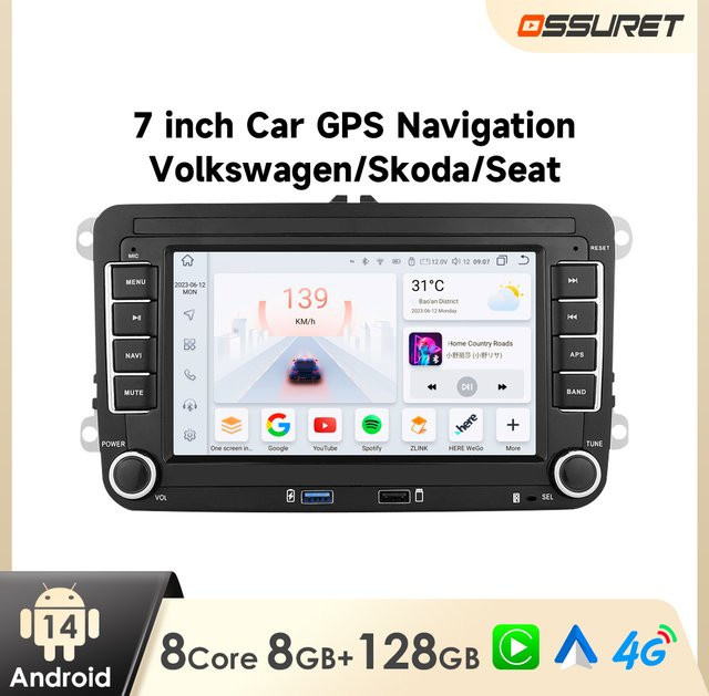 OSSURET Android Autoradio-Player mit Carplay, USB, WiFi und GPS in Schwarz für VW Polo, Golf 5, 6, Passat, Jetta, Tiguan, Touran, Sharan und Scirocco - Bild 1