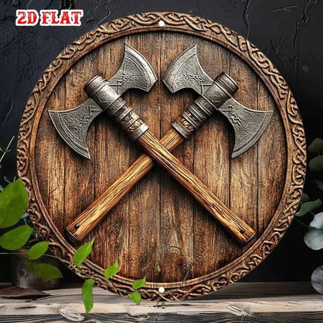 CIFBUY Wikinger-Schild Wandkunst aus Metall mit Kampfaxen-Design in Braun im rustikalen Stil - Bild 1