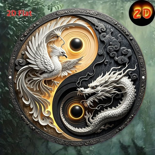 HELLOYOUNG Retro Drache und Phönix Metallschild aus Aluminium, runde Wandkunst in Mehrfarbig für Zuhause, Bar oder Restaurant - Bild 1