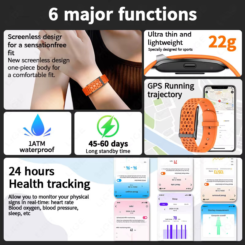 LIGE Smartarmband in Orange mit Anruf-Erinnerung, Schlaf-Tracking und Herzfrequenz- sowie Blutdruck-Monitor für Sport und Fitness, Unisex - Bild 5