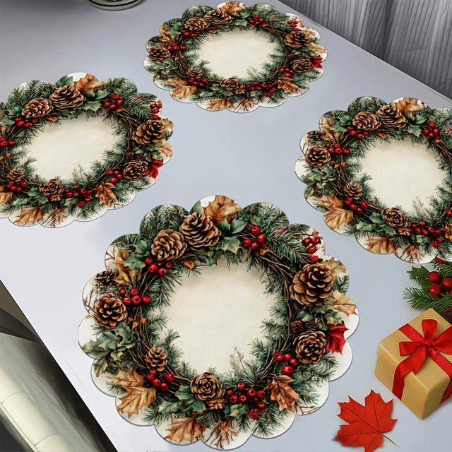 VIKAMA 4-teiliges weihnachtliches Tischset mit Tannenzapfen-Kränzen und Tannenzweigen zur Weihnachtsdekoration, Durchmesser: 38 cm - Bild 1