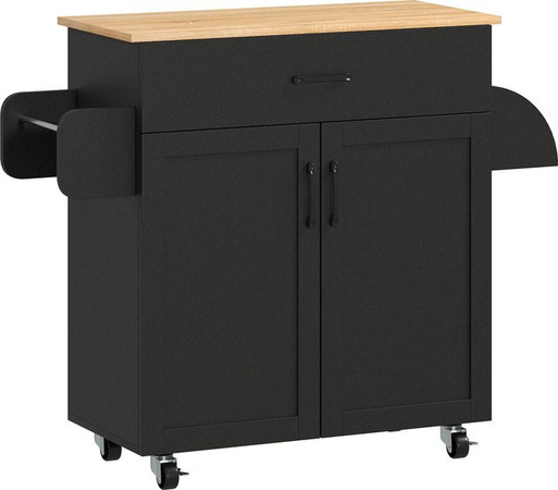 Aosom Küchenwagen HOMCOM aus schwarzem Holz mit Multi-Stauraum, 1 Schublade, 1 Schrank mit 2 Türen, höhenverstellbarem Regal, Handtuchhalter und Gewürzhalter