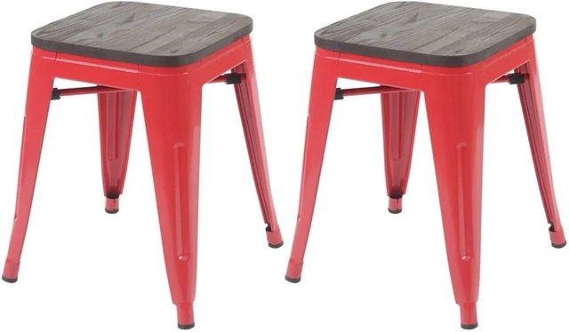 MCW 2er Set Hocker A73 in Rot mit Ulmenholz-Sitzfläche und Metallgestell im Industriedesign, B/T/H: 39,0 x 39,0 x 45,5 cm - Bild 1