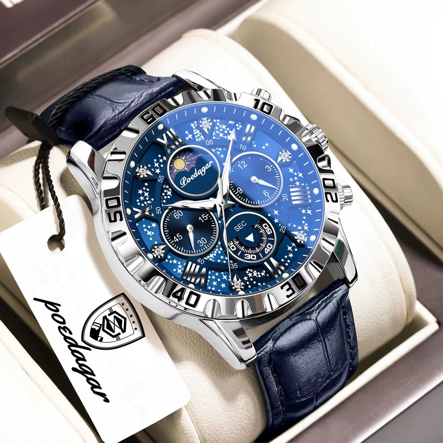 POEDAGAR Armbanduhr Chronograph, Quarz, Leder, Herren, Blau - Bild 2