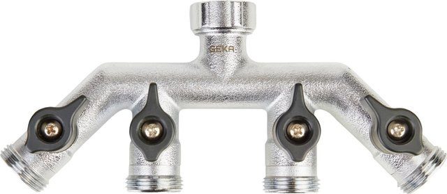 Geka Vierwegeventil Plus Tap Connector aus Messing in Silber mit IG G 3/4 Zoll und 4 x AG G 3/4 Zoll sowie stufenlosem Regler - Bild 1
