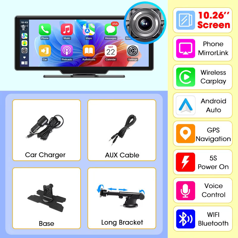 Srnubi Dash Cam 4K mit CarPlay und Android Auto, 10,26/11,26 Zoll Auto DVR mit 5G WIFI, GPS Navigation und Rückfahrkamera, Schwarz - Bild 5