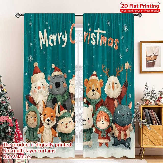 Set aus 2 flachen Druck-Vorhängen Merry Christmas in Multicolor, Polyester, B: 100 cm, H: 70 cm - Bild 1