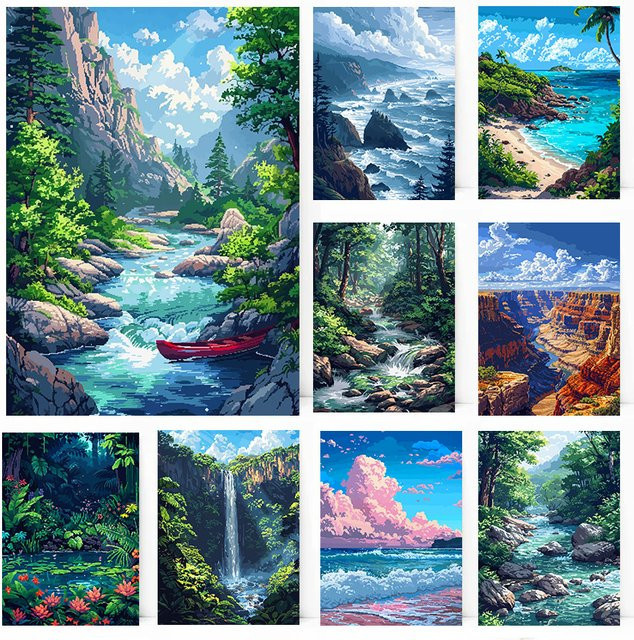 Potdemiel Retro Pixel-Art Poster Naturlandschaft Reise-Illustration Wandkunst aus Papier, Mehrfarbig, Breite: 25,0 cm, Höhe: 25,0 cm - Bild 1