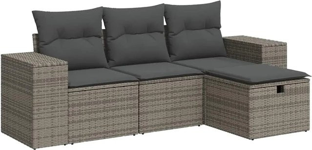 vidaXL 4-teilige Garten-Sofagarnitur in L-Form mit Kissen und Ottoman, Grau, Poly Rattan und Metallrahmen - Bild 1