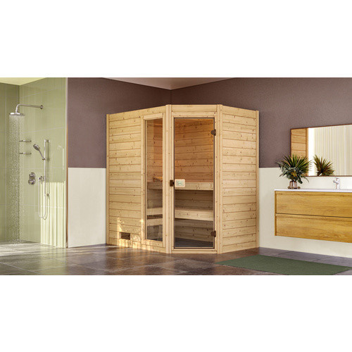 WEKA Massivholzsauna Valida Eck 1 für 6 Personen in Braun mit 4,5 kW Ofen und externer Steuerung - Bild 2