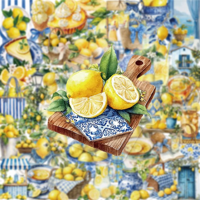 50 Stück Mediterrane Zitronen Aufkleber aus PET in Multicolour für Scrapbooks, Laptops und Deko - Bild 1