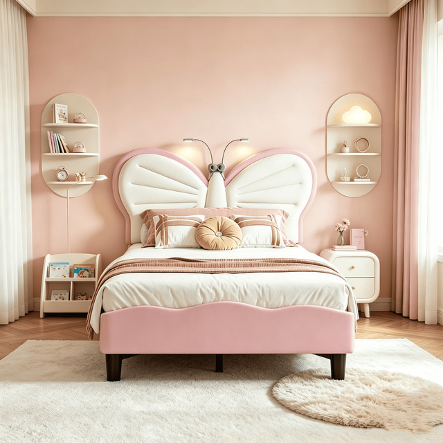 Polsterbett in Schmetterlingsform mit verstellbarem Kopfteil und integrierten Leselampen, Kinderbett mit Holzlattenrost, B/T: 90 x 200 cm, Farben: Rosa-Weiß oder Blau-Weiß - Bild 1