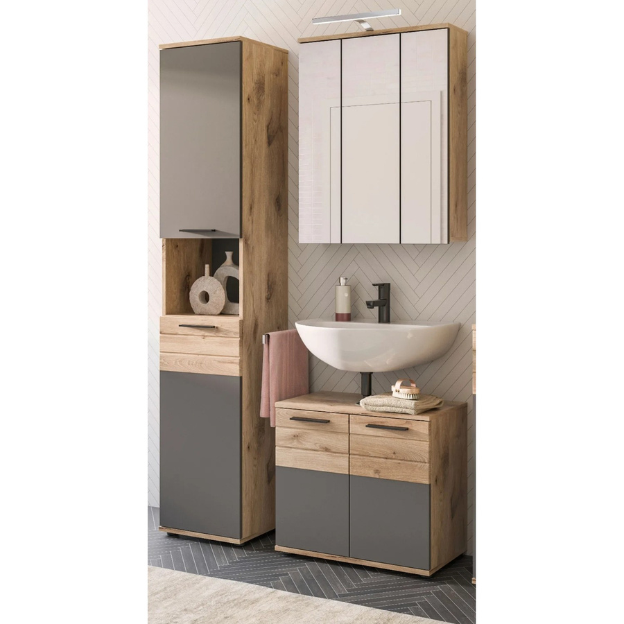 Inn.Furn Badmöbel-Set Eiche Grau in Matt mit Spiegelschrank, Waschtischunterschrank und Hochschrank sowie Soft-Close-Funktion, B/T/H: 112 x 34 x 190 cm - Bild 2