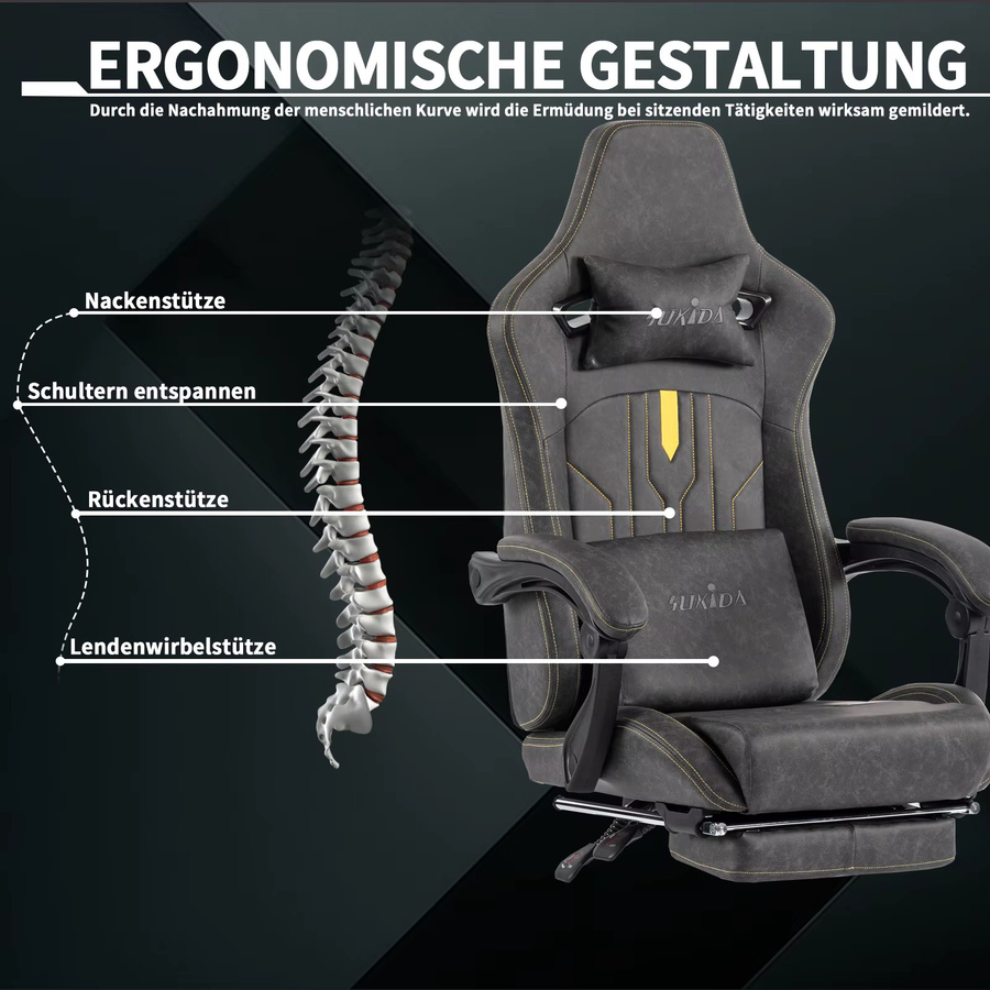 Ergonomischer SUKIDA Gaming-Stuhl in Beige mit Fußstütze, Kopfstütze und Lordosenstütze aus Kunstleder - Bild 4