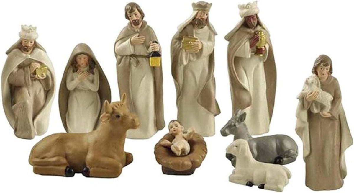 Kesoto Krippen Figurenset mit heiliger Familie aus Kunstharz, 10 Stück, beige, klassisch - Bild 1