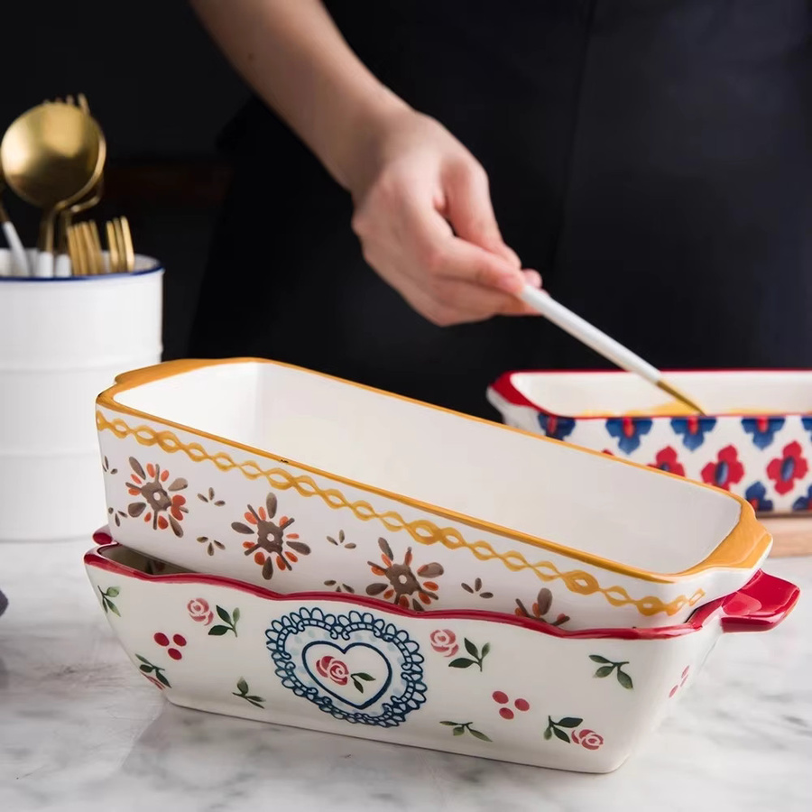 Rechteckige Keramik-Backform mit Griff für Lasagne und Braten mit Blumenmuster - Bild 3