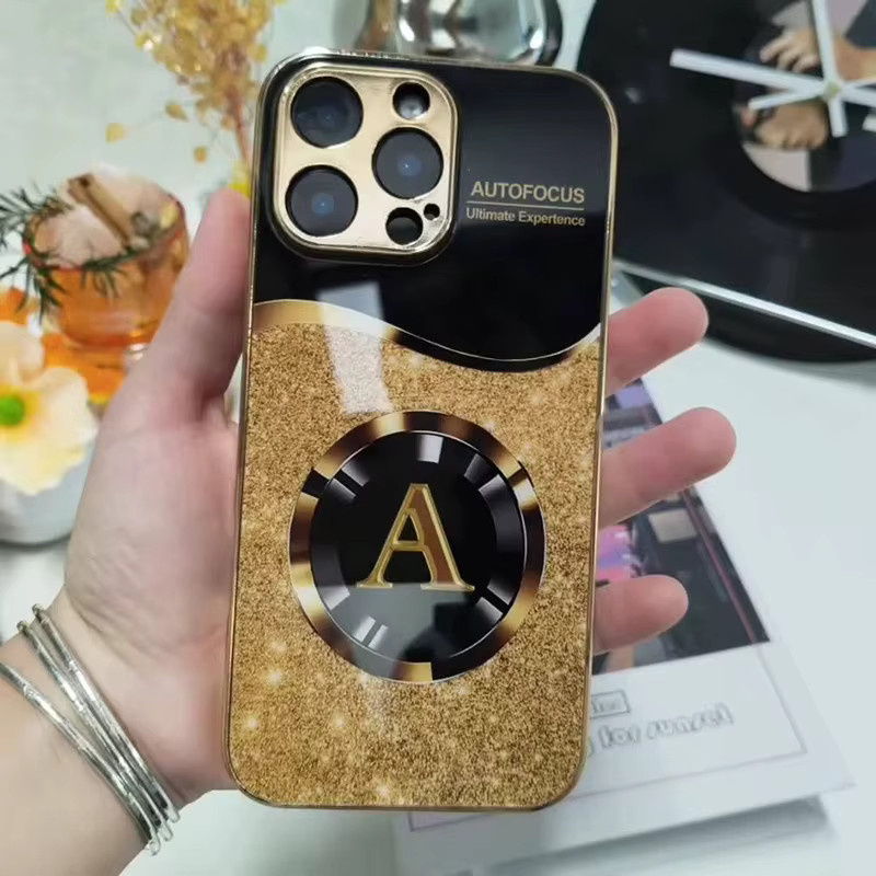 Gold Metallic Lack Glas Handyhülle mit glänzendem Buchstaben-A-Muster für Apple iPhone 11 12 13 14 15 16 17 Pro Max Plus Air 16E - Bild 6