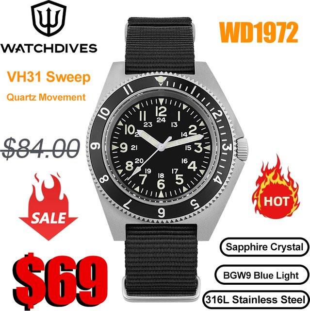 Watchdives Armbanduhr, Quarz, Edelstahl, Schwarz, Saphirglas, Unisex - Bild 1
