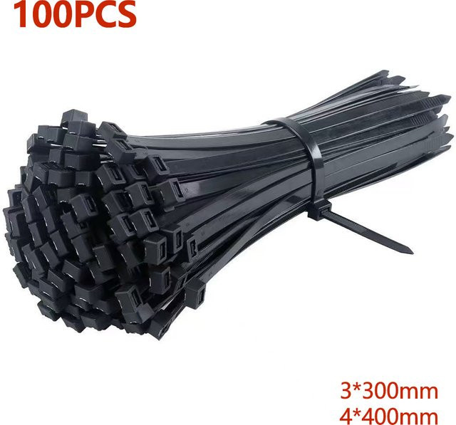 100 Stück schwarze selbstsichernde Nylon-Kabelbinder aus Kunststoff, Set mit 3 x 300 mm und 4 x 400 mm verstellbaren Wickelriemen - Bild 1