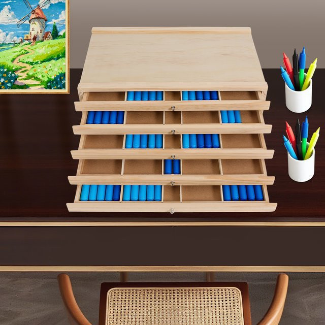 5-stufige Schubladen-Aufbewahrungsbox aus Holz in Beige als Schreibtisch-Organizer für Künstlerbedarf, Schmuck und Schreibwaren, B/T/H: 40 x 25,5 x 12,3 cm - Bild 1