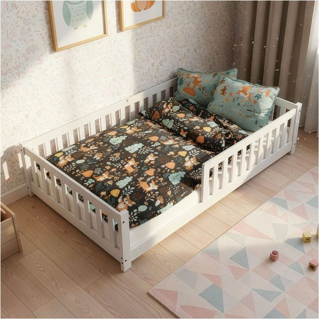 Juskys Kinderbett Naya Montessori Bodenbett aus Holz mit Rausfallschutz und Lattenrost, Weiß, B/T/H: 140 x 200 cm - Bild 2