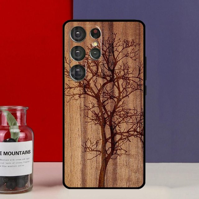 Bambus Holz Handyhülle mit Baum Blüte Design für Samsung Galaxy S25 Ultra S24 S23 S22 S21 S20 in Braun - Bild 1