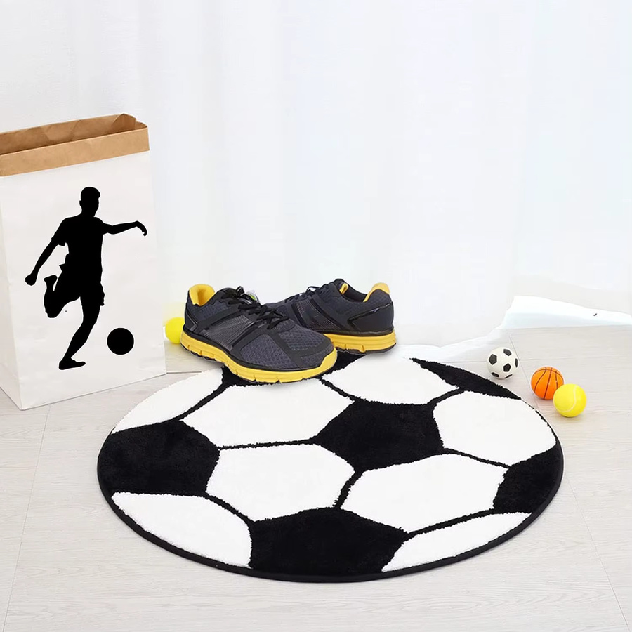 DHDH Fußballteppich in Schwarz-Weiß mit Sportmotiv als runder Teppich für Kinderzimmer, Wohnzimmer oder Schlafzimmer - Bild 4