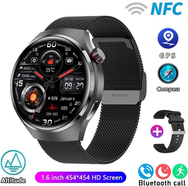 ElectronicsHome Smartwatch Pro 2025 für Herren mit GPS, NFC, AMOLED-Bildschirm, Herzfrequenzmessung und Bluetooth-Anruffunktion, IP68 wasserdicht, Farbe: Schwarz, Mesh-Armband - Bild 1