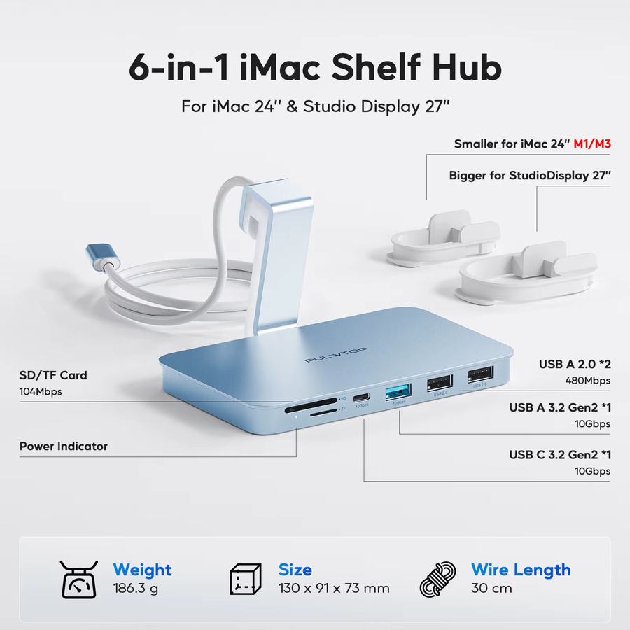 PULWTOP USB-C-Hub für iMac 24 Zoll und Studio Display mit USB-A, USB-C 10Gbps sowie SD/TF-Kartenslot in Blau - Bild 2