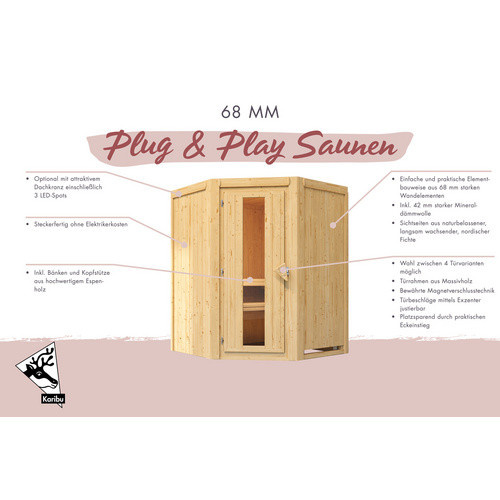 Karibu Sauna Wolmar aus Fichtenholz mit 3,6 kW Saunaofen und externer Steuerung für 3 Personen, beige - Bild 2