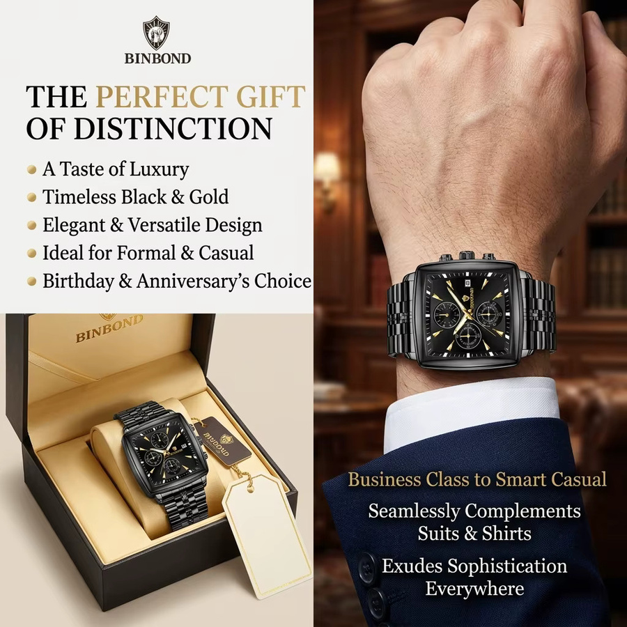 BINBOND Chronograph Herren, Quarz, Edelstahl, Schwarz, Eckig, Datum - Bild 2