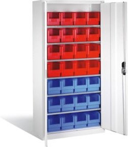 C+P Magazinschrank mit 28 Sichtlagerkästen und Türen in Lichtgrau, H: 198 cm, B: 100 cm, T: 42 cm - Bild 1