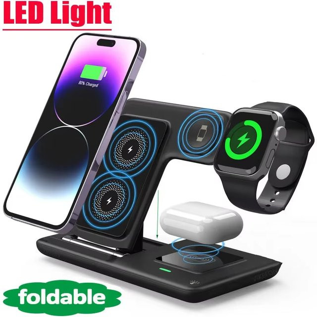 VIKEFON 3-in-1 Faltbare Kabellose Ladestation für iPhone, Apple Watch und AirPods Pro in Schwarz - Bild 1