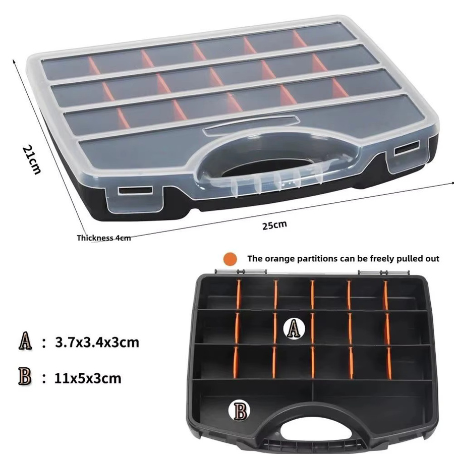 Transparente Aufbewahrungsbox aus Kunststoff mit Klappdeckel und abnehmbaren Trennwänden für Hardware-Teile oder Schmuck - Bild 3