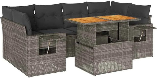 vidaXL 7-teilige Garten-Sofagarnitur aus Poly-Rattan und Akazienholz in Grau mit Kissen - Bild 1