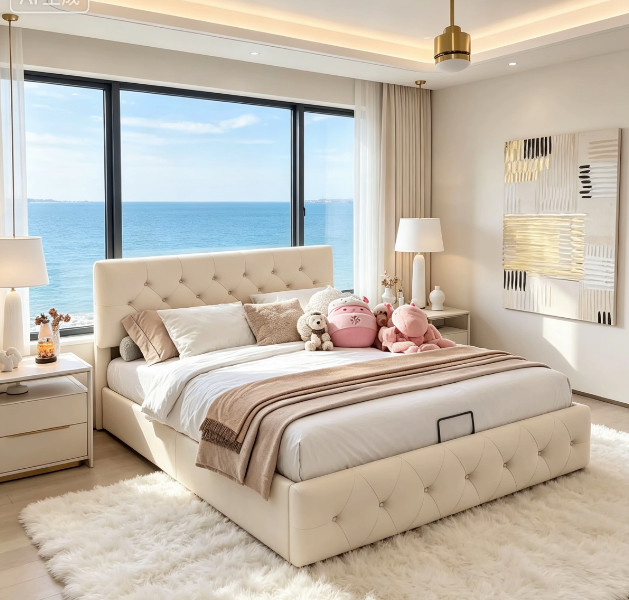 Polsterbett mit Stauraum und LED-Beleuchtung in Beige, B/T/H: 140 x 200 cm - Bild 1